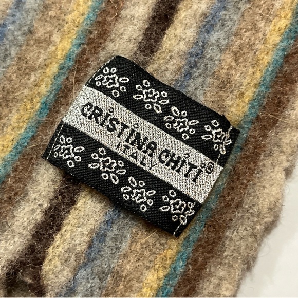 Christina Chiti WOOL shawl SCARF Tan Blue Cream STRIPED SHAWL fringe Wrap 17x65” - Picture 4 of 16